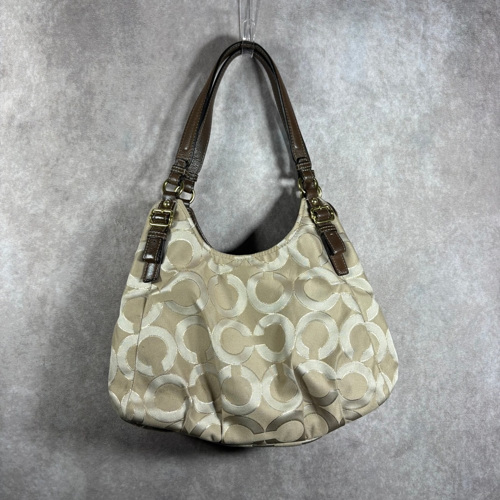 Coach Hobo Womens Medium Beige Signature Optic Art Jacquard Leather Trim Bag - Picture 7 of 16